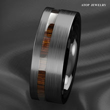 Load image into Gallery viewer, 8mm Black Brushed Tungsten Carbide Ring Off Center Koa Wood Wedding Band