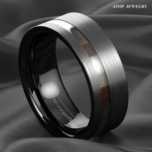 Load image into Gallery viewer, 8mm Black Brushed Tungsten Carbide Ring Off Center Koa Wood Wedding Band