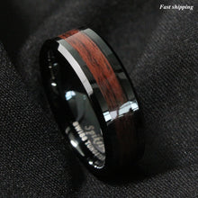 Load image into Gallery viewer, 8mm Black Men's Tungsten Carbide ring Red Wood Inlay Wedding Band mens jewelry