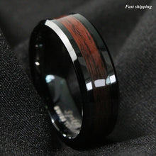 Load image into Gallery viewer, 8mm Black Men's Tungsten Carbide ring Red Wood Inlay Wedding Band mens jewelry
