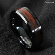 Load image into Gallery viewer, 8mm Black Men's Tungsten Carbide ring Red Wood Inlay Wedding Band mens jewelry