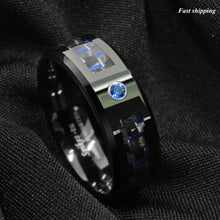 Load image into Gallery viewer, 8mm Black and blue Carbon Fiber Tungsten Ring Blue Diamond Men's Wedding Band