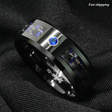 Load image into Gallery viewer, 8mm Black and blue Carbon Fiber Tungsten Ring Blue Diamond Men's Wedding Band