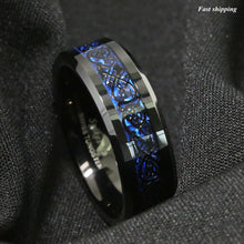 Load image into Gallery viewer, 8/6mm Tungsten Carbide Ring Black Celtic Dragon Blue carbon fibre