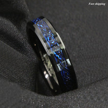 Load image into Gallery viewer, 8/6mm Tungsten Carbide Ring Black Celtic Dragon Blue carbon fibre