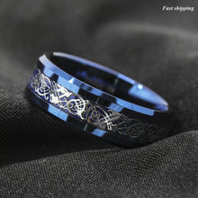 Load image into Gallery viewer, 8mm Blue Tungsten Carbide Ring Celtic Dragon Carbon Fibre Men's Jewelry