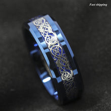 Load image into Gallery viewer, 8mm Blue Tungsten Carbide Ring Celtic Dragon Carbon Fibre Men's Jewelry