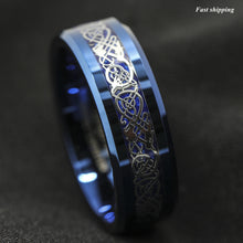 Load image into Gallery viewer, 8mm Blue Tungsten Carbide Ring Celtic Dragon Carbon Fibre Men's Jewelry