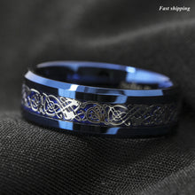 Load image into Gallery viewer, 8mm Blue Tungsten Carbide Ring Celtic Dragon Carbon Fibre Men's Jewelry