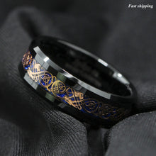 Load image into Gallery viewer, 8mm Black Tungsten Ring Rose Gold Celtic Dragon Blue carbon fibre