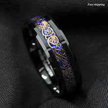 Load image into Gallery viewer, 8mm Black Tungsten Ring Rose Gold Celtic Dragon Blue carbon fibre