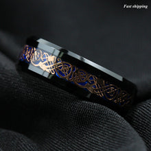 Load image into Gallery viewer, 8mm Black Tungsten Ring Rose Gold Celtic Dragon Blue carbon fibre