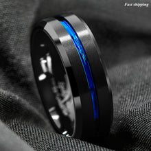 Load image into Gallery viewer, 8mm Brushed Black Tungsten Carbide Band Ring Blue Line Bridal Men's Jewelry