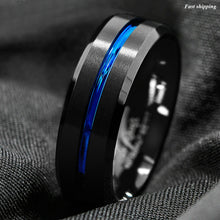 Load image into Gallery viewer, 8mm Brushed Black Tungsten Carbide Band Ring Blue Line Bridal Men's Jewelry