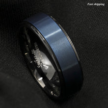 Load image into Gallery viewer, 8mm Black Tungsten Carbide Ring Sea Blue Brushed Center Bridal Band Men Jewelry