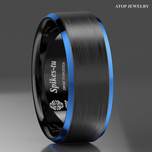 Load image into Gallery viewer, 8mm Black Brushed Blue Edge Tungsten Carbide Ring Wedding Band Mens ring