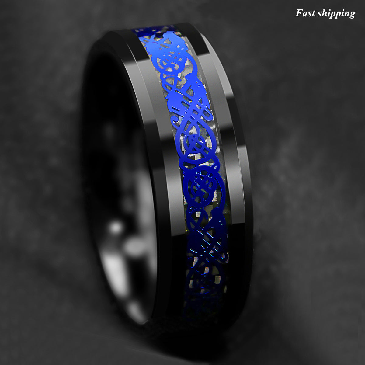 8mm Tungsten Carbide Ring Blue Celtic Dragon Black carbon fibre