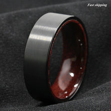Load image into Gallery viewer, 8mm Black Brushed Tungsten Red Sandal Wood Inlay Wedding Band Ring Men's Jewelry