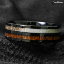 Load image into Gallery viewer, 8mm Black Tungsten Carbide Ring Deer Antler and Koa Wood Inlay Wedding Band