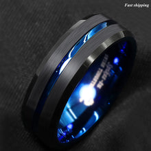 Load image into Gallery viewer, 8/6mm Tungsten Men's Ring Thin Blue Line-Inside Black Brushed Band