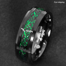 Load image into Gallery viewer, 8mm Tungsten Ring Black Celtic Dragon Green Carbon Fiber  Mens Wedding Band