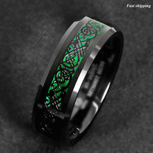 Load image into Gallery viewer, 8mm Tungsten Ring Black Celtic Dragon Green Carbon Fiber  Mens Wedding Band