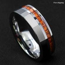 Load image into Gallery viewer, 8mm Silver Brushed Tungsten Carbide Ring Off Center Koa Wood Wedding Band