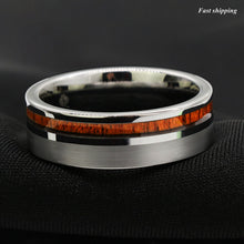 Load image into Gallery viewer, 8mm Silver Brushed Tungsten Carbide Ring Off Center Koa Wood Wedding Band