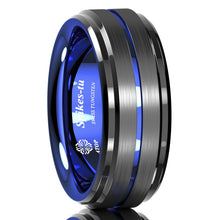 Load image into Gallery viewer, 8mm Black Brushed Ladder Edge Tungsten Ring BLue Stripe Mens Wedding Band