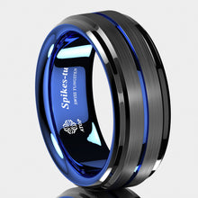 Load image into Gallery viewer, 8mm Black Brushed Ladder Edge Tungsten Ring BLue Stripe Mens Wedding Band