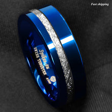 Load image into Gallery viewer, 8mm Blue Polished Tungsten Ring Off Center 925 Silver Men's Wedding Band Ring
