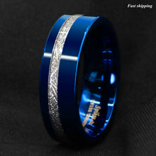 Load image into Gallery viewer, 8mm Blue Polished Tungsten Ring Off Center 925 Silver Men's Wedding Band Ring
