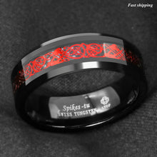Load image into Gallery viewer, 8mm Black Tungsten Ring Red Celtic Dragon Black carbon fiber Ring