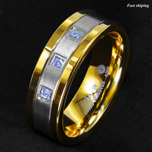 Load image into Gallery viewer, 8mm Silver Tungsten Ring Brushed 18K Gold Diamonds -LUXURY Men Wedding Band