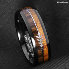 Load image into Gallery viewer, 8/6mm Black Dome Tungsten Ring 2 Style Wood Arrow Wedding Band  Men Jewelry