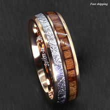 Load image into Gallery viewer, 8/6mm Rose Gold Dome Tungsten Ring Silver Koa Wood Inlay Bridal Men Jewelry