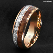 Load image into Gallery viewer, 8/6mm Rose Gold Dome Tungsten Ring Silver Koa Wood Inlay Bridal Men Jewelry