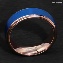 Load image into Gallery viewer, 8/6mm Blue Tungsten Carbide Ring Rose Gold Brushed Wedding Band Men Jewelry