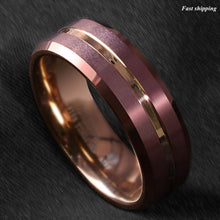 Load image into Gallery viewer, 8/6mm Brushed Brown Tungsten Mens Ring Rose Gold Groove Stripe Wedding Band