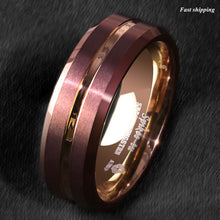 Load image into Gallery viewer, 8/6mm Brushed Brown Tungsten Mens Ring Rose Gold Groove Stripe Wedding Band