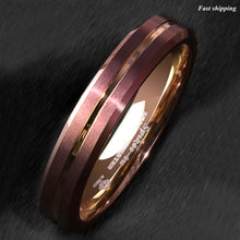 Load image into Gallery viewer, 8/6mm Brushed Brown Tungsten Mens Ring Rose Gold Groove Stripe Wedding Band