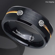 Load image into Gallery viewer, 8mm New Black Brushed Tungsten Ring Gold Grooved Line Diamond  Men Bridal Band