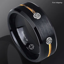 Load image into Gallery viewer, 8mm New Black Brushed Tungsten Ring Gold Grooved Line Diamond  Men Bridal Band