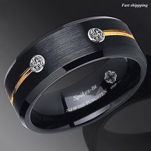Load image into Gallery viewer, 8mm New Black Brushed Tungsten Ring Gold Grooved Line Diamond  Men Bridal Band