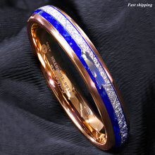 Load image into Gallery viewer, 8/6mm Rose Gold Tungsten Ring Lasurite Fine Silver Arrow Mens Wedding Band