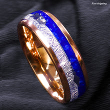 Load image into Gallery viewer, 8/6mm Rose Gold Tungsten Ring Lasurite Fine Silver Arrow Mens Wedding Band