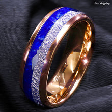 Load image into Gallery viewer, 8/6mm Rose Gold Tungsten Ring Lasurite Fine Silver Arrow Mens Wedding Band