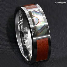 Load image into Gallery viewer, 8mm Silver Tungsten Ring Koa Wood Abalone Inlay Wedding Band Men's Jewelry