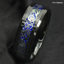 Load image into Gallery viewer, 8mm Blue Black Silvering Celtic Dragon Tungsten Carbide Ring Men's Jewelry