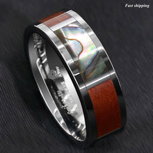 Load image into Gallery viewer, 8mm Silver Tungsten Ring Koa Wood Abalone Inlay Wedding Band Men's Jewelry